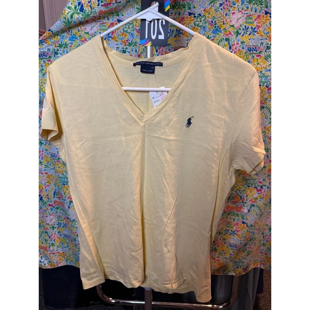 201 Ralph Lauren Sport Womens V-Neck T-Shirt Yellow Cotton Pony Logo Size M